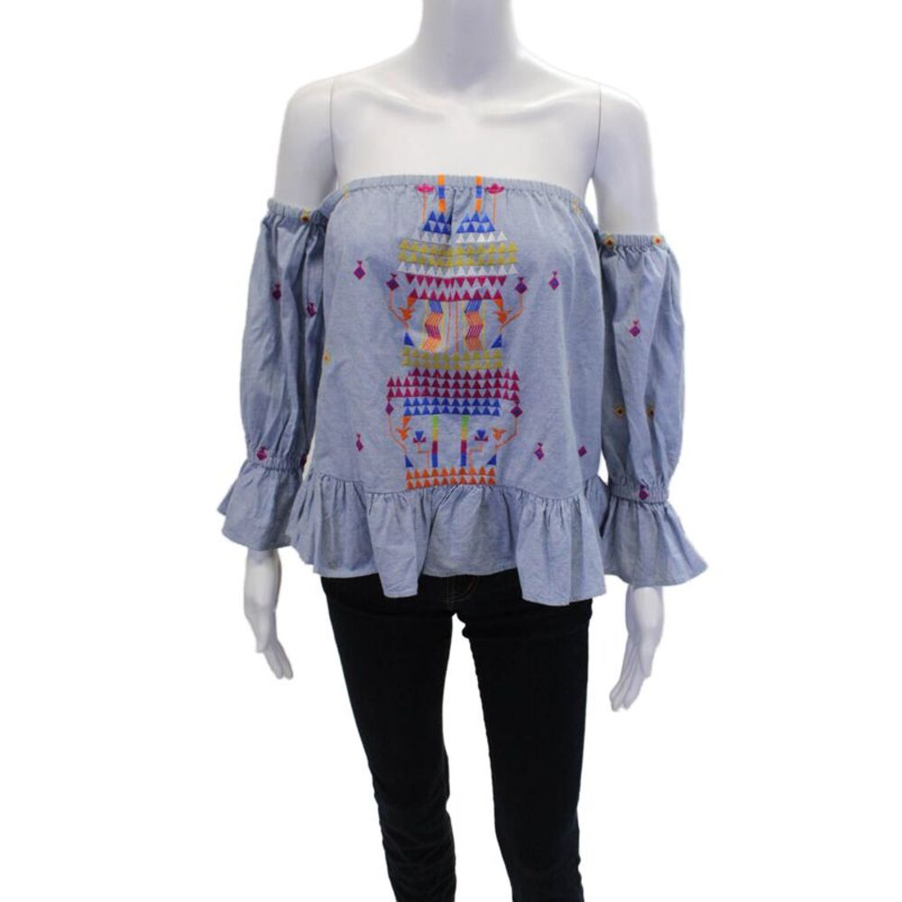 Christophe Sauvat Womens Cotton Embroidered Off Shoulder Blouse Top Blue Size S